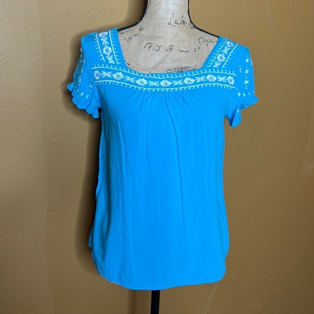 Tantrums Blue Embroidered Boho Peasant Top Size Small - Picture 2 of 7